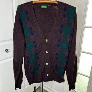 Vintage Byford Scottish Wool Argyle Cardigan Sweater Plum Purple Size Large